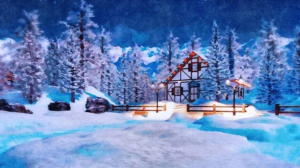 Paisaje Invernal Acuarela Con Casa Rural Entramado Madera Iluminada Con — Foto de Stock