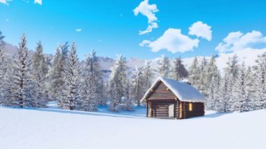 Yalnız günlük kabin yasaktır baca ve kar arasında ışıklı penceresine Ladin orman yüksek Alp Dağları'nda güneşli kış gününde kaplı. 4 k'dan fazla işlenen insanlar 3d animasyon ile