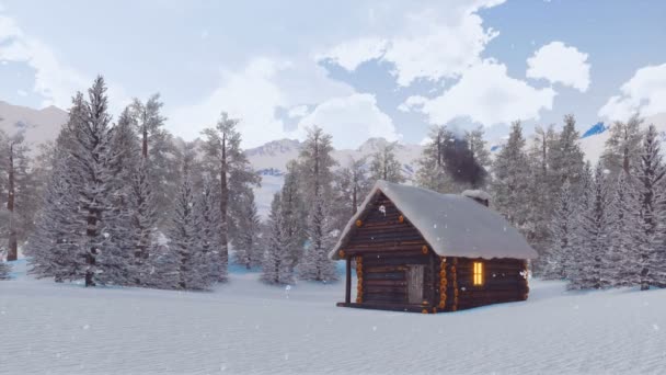 居心地の良い雪煙る煙突で丸太小屋をカバーし 降雪時の冬の日に雪のアルプス山脈の高い松林の中でウィンドウをライトアップします でレンダリングの人々 アニメーション — ストック動画
