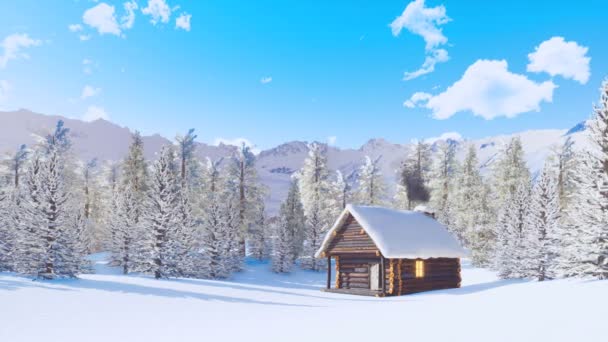 Solitaria Cabaña Madera Cubierta Nieve Con Chimenea Humeante Entre Bosque — Vídeos de Stock