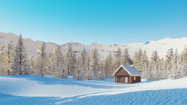 Peaceful Winter Landscape Solitary Log Cabin Smoking Chimney Snow Covered — Stock Video