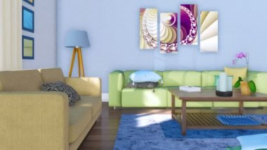 Aydınlık oturma odası iç rahat kanepe, sehpa ve duvar gündüz, çağdaş sanat ile modern minimalist tasarım tarzında. 4 k'dan fazla işlenen insanlar 3d animasyon ile