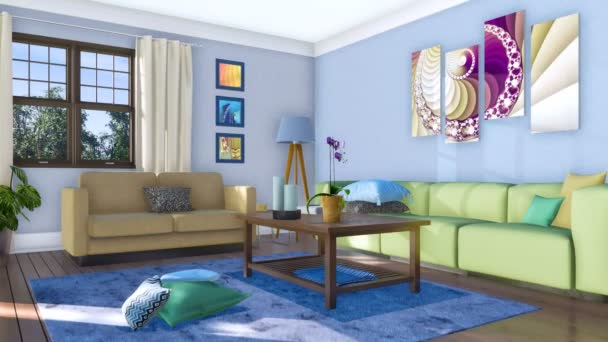 明亮的客厅内部拥有现代简约的设计风格 白天配有舒适的沙发 五颜六色的坐垫和咖啡桌 没有人现实的3D 动画渲染4K — 图库视频影像
