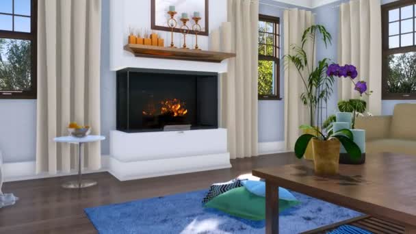 Interior Sala Estar Simple Luminoso Con Chimenea Casa Lujo Moderna — Vídeo de stock