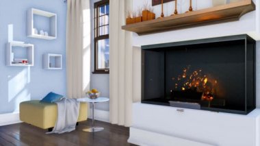 Modern minimalist tasarım stili ile şömine ön planda gündüz yanan aydınlık oturma odası iç. 4 k'dan fazla işlenen insanlar gerçekçi 3d animasyon ile