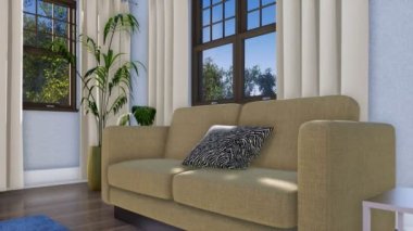 Modern minimalist oturma odası iç gündüz, basit rahat kanepe ve yakın çekim. 4 k'dan fazla işlenen insanlar gerçekçi 3d animasyon ile