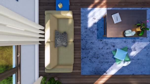 Pohled shora dolů interiéru moderní minimalistický obývací pokoj s pohovkou, jednoduchý dřevěný konferenční stolek a modré načechraný koberec na parketové podlaze ve dne. Bez lidí 3d animace vykreslen v rozlišení 4k