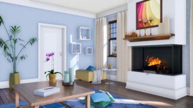 Modern minimalist tasarım stili gündüz yanan şömine ve basit ahşap sehpa ile aydınlık oturma odası iç. 4 k'dan fazla işlenen insanlar gerçekçi 3d animasyon ile