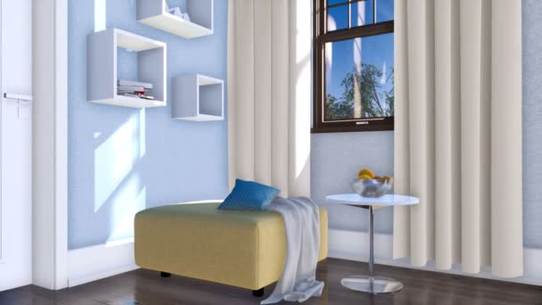 Nahaufnahme Moderner Minimalistischer Wohnzimmereinrichtung Mit Stuhl Couchtisch Und Einfachen Quadratischen — Stockvideo
