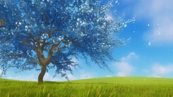 新鮮な緑の芝生にスローモーションで落ちて完全花と花びらで非現実的な青い桜ツリーとシュールな春の風景 でレンダリングされた アニメーションをファンタジーします — ストック動画