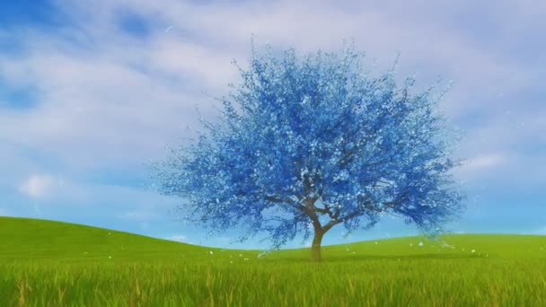 幻想的春天景观与单一的超现实的蓝色樱花树在盛开的花朵和花瓣在一个新鲜的绿色草地上缓慢的运动下降 以4K 渲染的春季3D — 图库视频影像