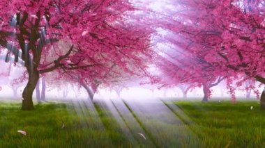 Sakura kiraz meyve bahçesi tam çiçeği parlak güneş ışığı, güneş ışınları tadını çıkarma içinde ağaçlar ve ağır çekimde bir yeşil çimenlerin üzerinde düşen Pembe çiçek yaprakları ile parlar. 3D animasyon 4 k'dan fazla işlenen bahar