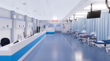 Işık ve temiz acil servis salonda boş Hastane yatak ve çeşitli tıbbi malzeme ile modern bir klinik. İnsanlar gerçekçi 3d animasyon ile 4 k'dan fazla işlenen sağlık konulu