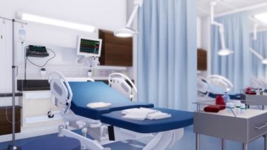 Boş Hastane yatağında ve modern Acil servisinde çeşitli tıbbi malzeme. İnsanlar gerçekçi 3d animasyon ile 4 k'dan fazla işlenen sağlık konulu