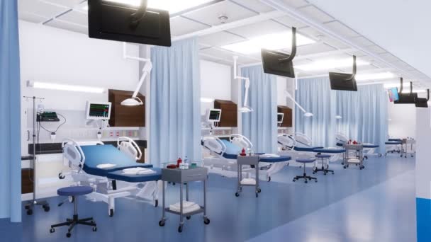 病院用ベッド 医療機器と近代的なクリニックで空の緊急治療室のインテリア でレンダリングされる医療をテーマに 生気のない人 — ストック動画