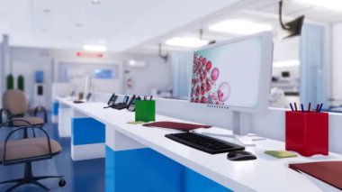 Bir arka plan üzerinde modern acil servise iç ve bulanık hastane yataklarda boş hemşire close-up. 4 k'dan fazla işlenen tıbbi ve sağlık konulu ile insanlar 3d animasyon