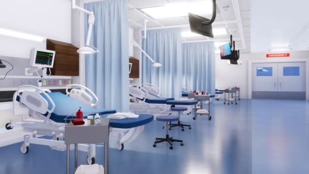 Lichte Schone Noodsituatieruimte Interieur Een Moderne Kliniek Met Lege Ziekenhuisbedden — Stockvideo