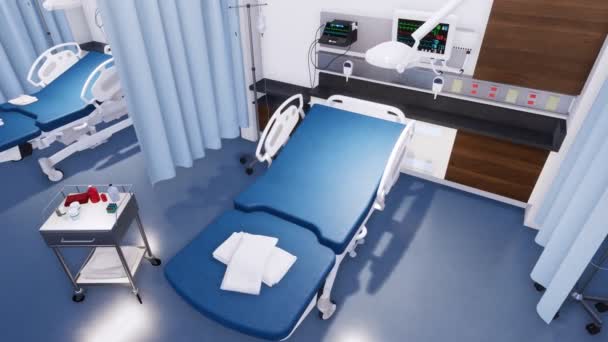 Cama Hospital Vazia Vários Equipamentos Médicos Sala Emergência Clínica Moderna — Vídeo de Stock