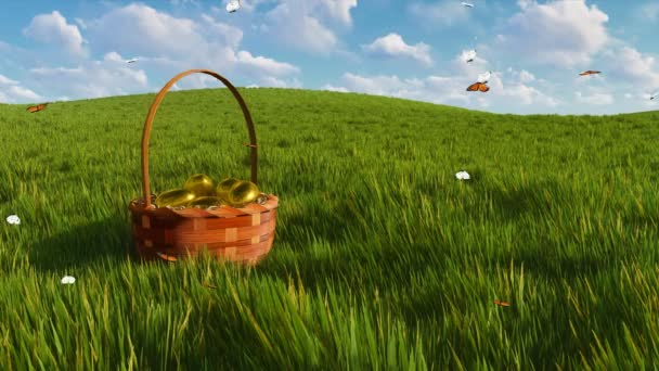 Close Wicker Basket Dyed Golden Easter Eggs Green Grass Colorful — Stock Video