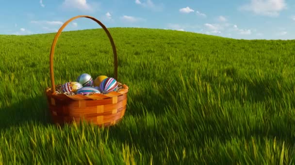 Close Traditional Wicker Basket Colorful Dyed Easter Eggs Fresh Green — Stock Video