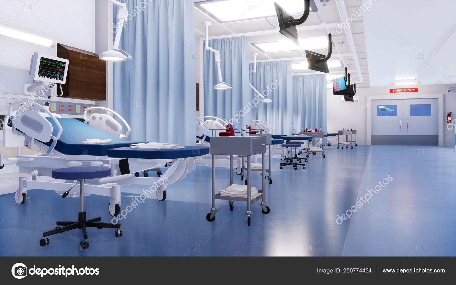 With No People Hospital Beds In Emergency Room 3d Stock