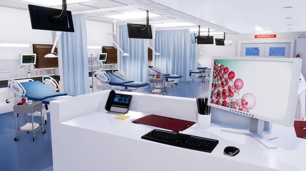 Dworzec pusty pielęgniarek w emergency room wnętrz 3d — Zdjęcie stockowe