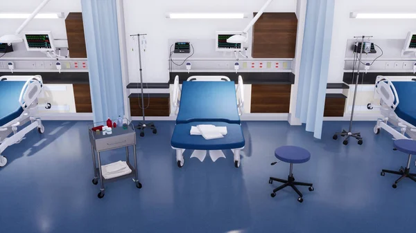 Κρεβάτι του στο νοσοκομείο και τον εξοπλισμό στο άδειο δωμάτιο έκτακτης ανάγκης — Φωτογραφία Αρχείου