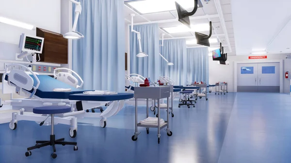 Met geen mensen ziekenhuisbedden in noodsituatie kamer 3d — Stockfoto