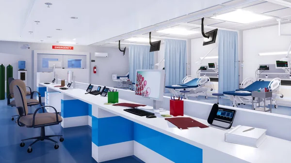 Сучасна екстрена кімната з порожньою медсестрою станція 3D — стокове фото