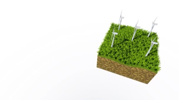 コピースペースと白い背景に隔離された新鮮な緑の草と抽象的な地面の断面スライス上の風力タービンを回転させる 4Kでレンダリングされた生態学的コンセプトループ可能な3Dアニメーション — ストック動画