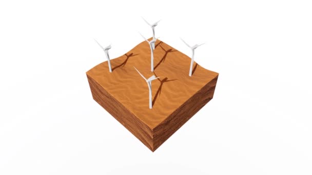 Corte Transversal Suelo Desértico Abstracto Con Aerogeneradores Ecológicos Giratorios Sobre — Vídeo de stock