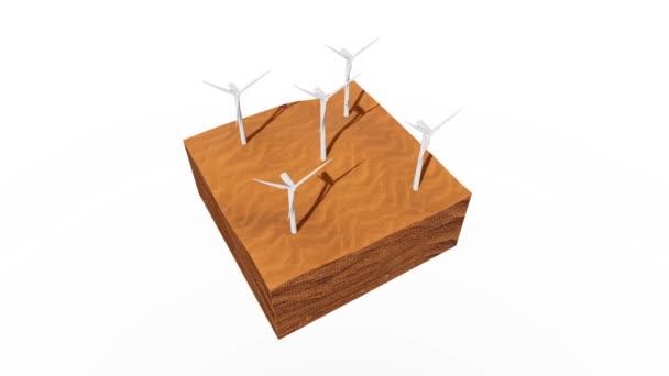 Rotierende Windturbinen Auf Einem Querschnitt Abstrakten Wüstenbodens Mit Sanddünen Die — Stockvideo