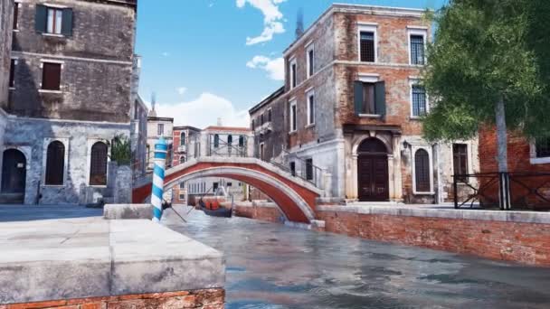 ヴェネツィアの狭い水運河に架かる古い石造りの橋で 古代の建物や伝統的なヴェネツィアのゴンドラを背景にしています 4Kでレンダリングされた現実的な3Dアニメーションを誰も持たない — ストック動画
