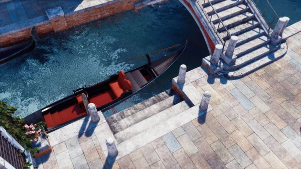 Ormeggiato gondola veneziana vuota su un canale Vista dall'alto — Foto Stock