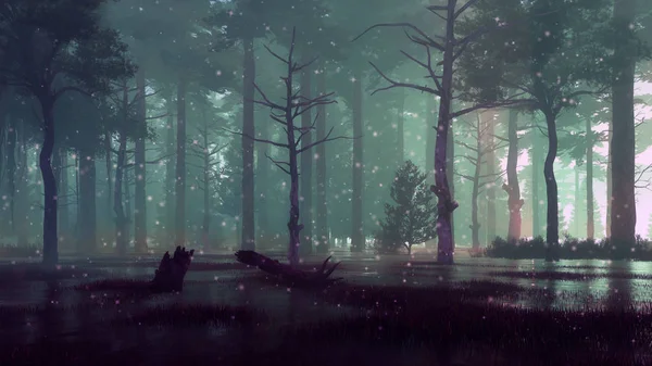 暗い夜に森の沼に妖精のホタルライト ストック画像