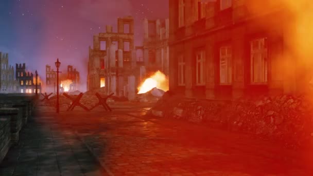 第二次世界大戦後 夜間に空の通りで燃えている建物を破壊し 廃墟にヨーロッパの都市を放棄しました 4Kでレンダリングされた歴史的な軍事3Dアニメーションなしで — ストック動画