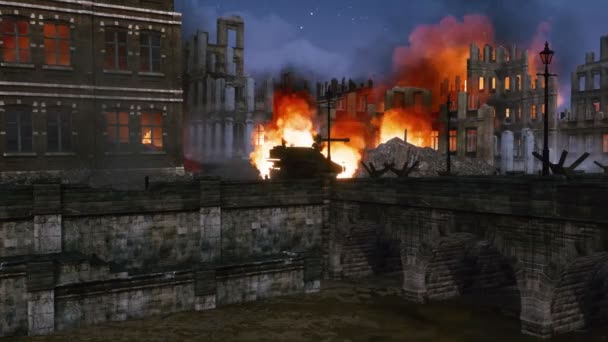 오래된 도시의 강변은 파괴되었고 밤에는 다리위에 불타는 탱크의 폐허와 잔해가 — 비디오