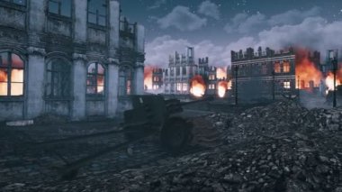 2. Dünya Savaşı'nın bombalanmasından sonra yıkılan Avrupa kenti, gece ön planda yanan bina kalıntıları ve eski makineli tüfekle yıkıldı. 4k işlenen hiçbir kişi tarihsel askeri 3d animasyon ile
