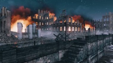 2. Dünya Savaşı'nın bombalanmasından sonra terk edilmiş Avrupa kenti, gece boş nehir kıyısında ki bina kalıntılarının yanmasıyla yıkıldı. 4k işlenen hiçbir kişi tarihsel askeri 3d animasyon ile