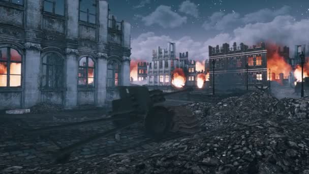 欧洲城市在第二次世界大战的轰炸后被摧毁 燃烧的建筑废墟和旧机枪在夜晚的前景 与没有人的历史军事3D动画渲染在4K — 图库视频影像