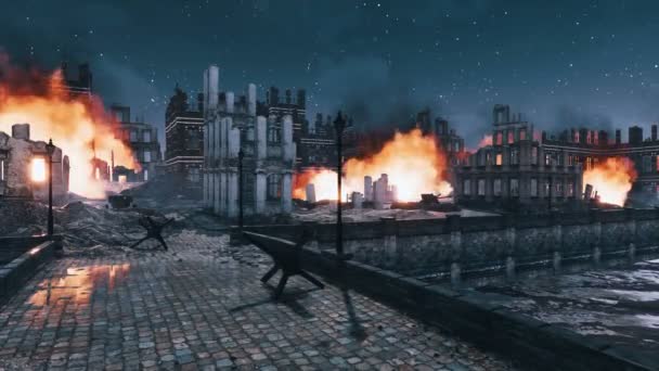 夜に第二次世界大戦の爆撃の後に破壊されたヨーロッパの都市の燃える遺跡と都市の戦場シーン 4Kでレンダリングされた歴史的な軍事3Dアニメーションなしで — ストック動画