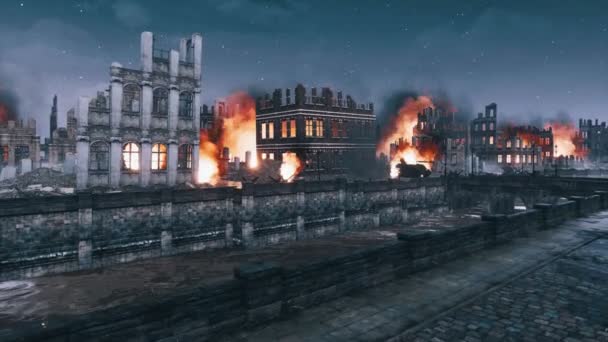 Prázdná Nábřeží Starého Evropského Města Zničená Druhé Světové Válce Planoucí — Stock video