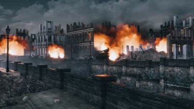 Dünya Savaşı'ndan sonra yıkılan boş nehir kıyısı 2 Avrupa kenti yanan bina kalıntıları ve tank enkazları ile gece bir köprü üzerinde. 4k işlenen hiçbir kişi tarihsel askeri 3d animasyon ile