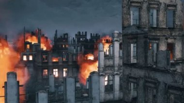 Ww2 tarihi binaların gece eski terk edilmiş Avrupa kentinde sonra yıkılmış kalıntıları. Savaş ve imha tema 4k işlenen hiçbir kişi askeri 3d animasyon ile