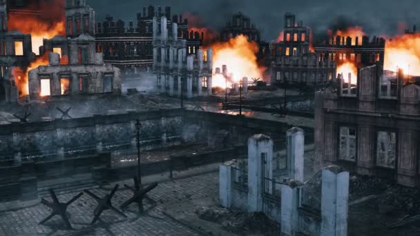 城市战场场景与燃烧的建筑废墟沿空荡荡的河边被摧毁战后的古欧洲城市在夜间 与没有人的历史军事3D动画渲染在4K — 图库视频影像