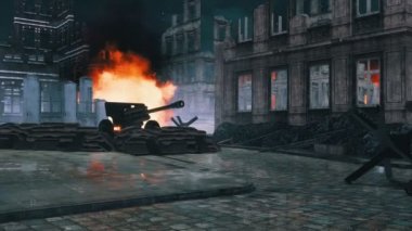 2. Dünya Savaşı'nın bombalanmasının ardından terk edilmiş Avrupa kenti, yanan bina kalıntıları ve eski makineli tüfeklerle gece ön planda kaldı. 4k işlenen hiçbir kişi tarihsel askeri 3d animasyon ile