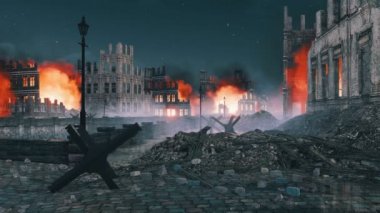 Dünya Savaşı'nın bombalanmasının ardından yıkılan 2 Avrupa kenti, gece saatlerinde yanan bina kalıntıları ve sokak barikatı ile ön plana çıktı. 4k işlenen hiçbir kişi tarihsel askeri 3d animasyon ile