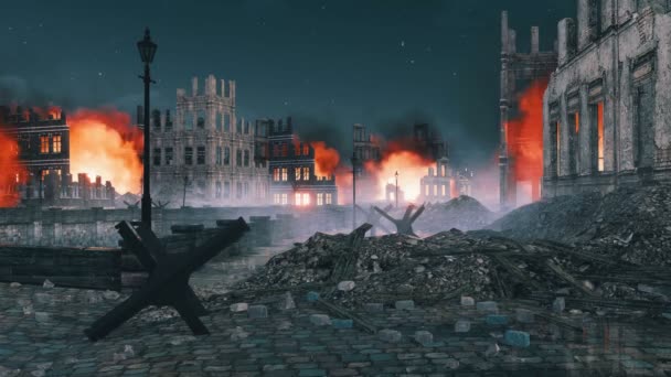 第二次世界大戦のヨーロッパの都市の爆撃の後に台無しに焼き付いた建物の遺跡と夜の前景に通りのバリケード 4Kでレンダリングされた歴史的な軍事3Dアニメーションなしで — ストック動画
