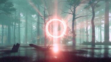 Başka bir dünyaya fantastik parlayan portal ve gün batımında sisli havada süzülen doğaüstü peri ateş böceği ışıkları ile Mistik bataklık orman. Fantasy 3d animasyon 4k işlenmiş