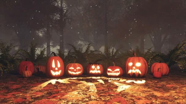 Primer Plano Varias Calabazas Halloween Talladas Jack Lantern Bosque Otoño — Vídeo de stock